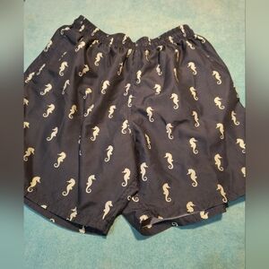 Navy Blue Swim Shorts with Seahorse Print